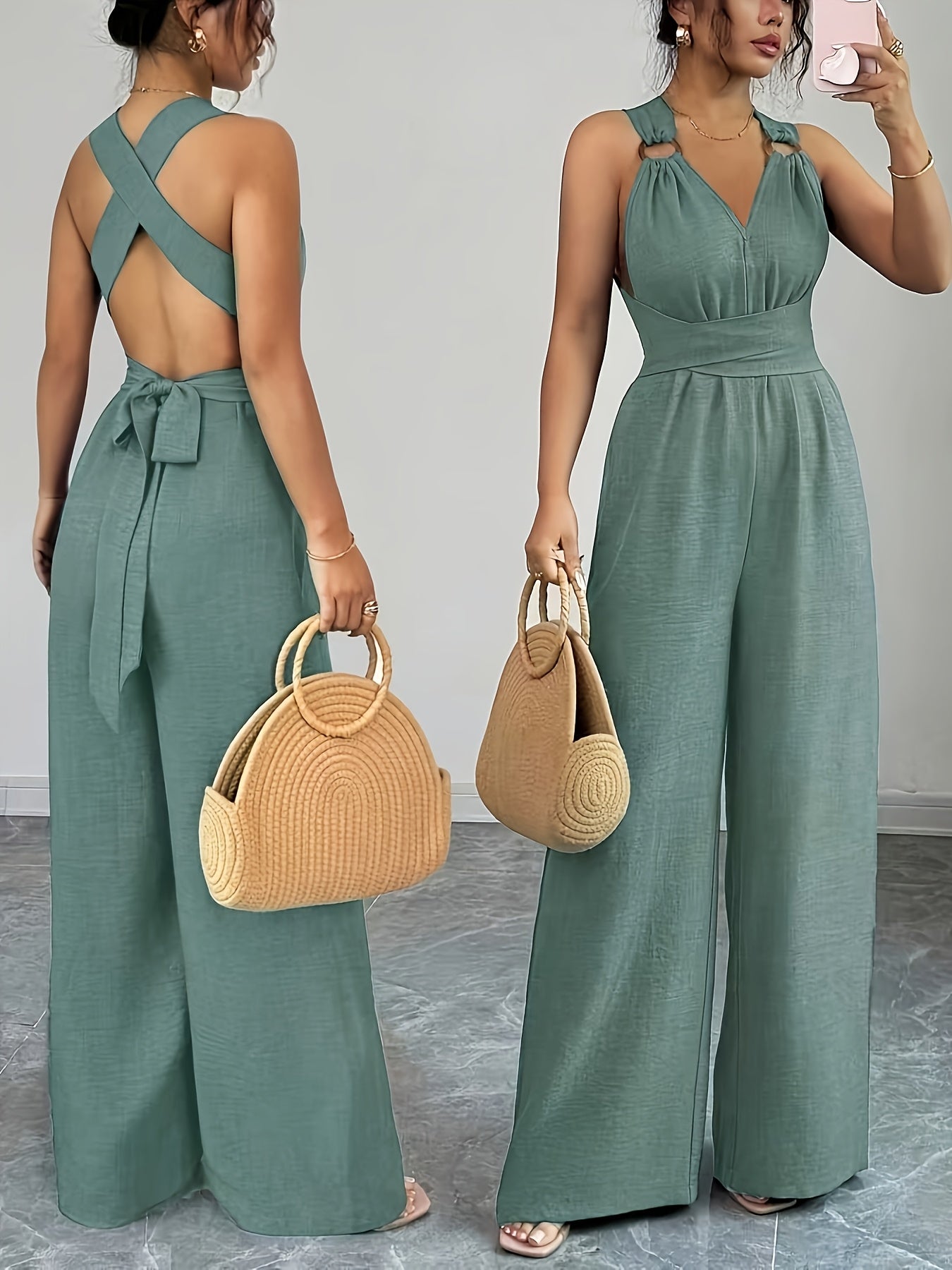Eleganter Damen-Jumpsuit mit V-Ausschnitt und Gürtel in der Taille