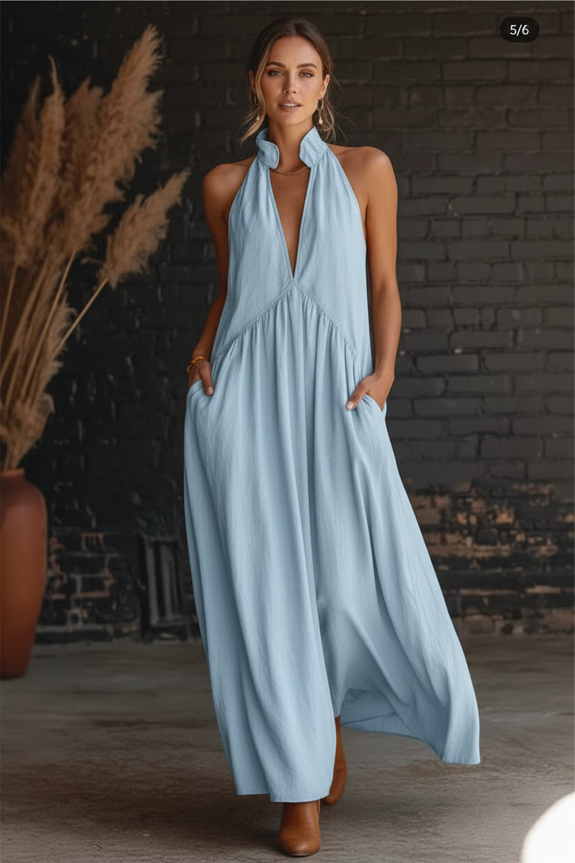 Elegant Resort-Style Mandarin-Collar Cotton-Linen Dress