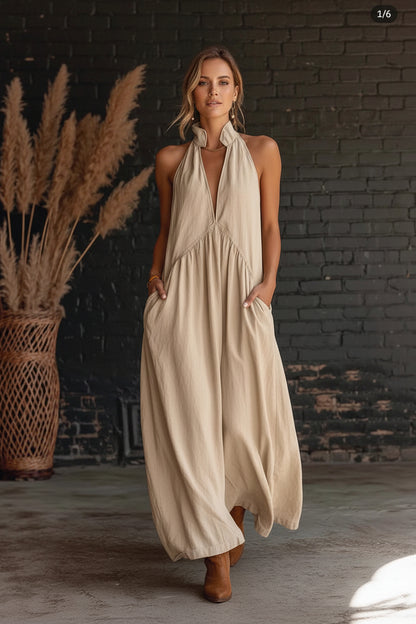 Elegant Resort-Style Mandarin-Collar Cotton-Linen Dress