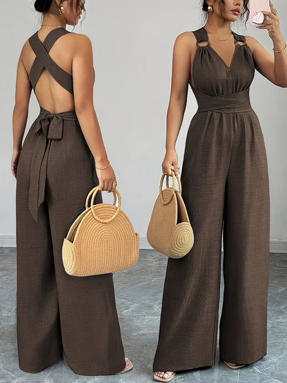 Elegant Women's V-Neck Jumpsuit with Belted Waist