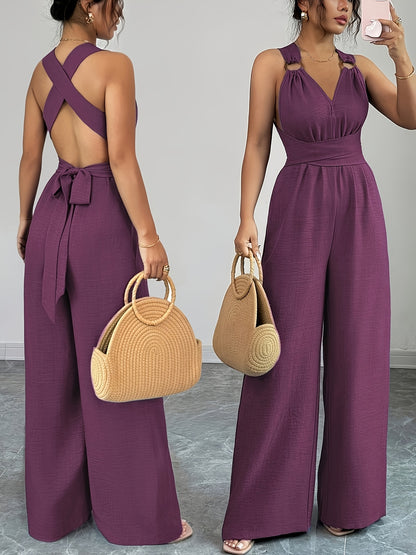 Elegant Women's V-Neck Jumpsuit with Belted Waist