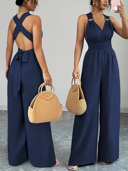 Elegant Women's V-Neck Jumpsuit with Belted Waist