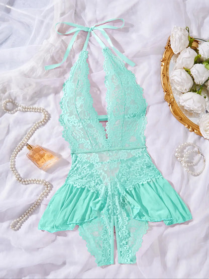Women'S Sexy Open Thigh Fitted Lingerie, Fashion Tie Details, Lace Decoration, Lightweight Fabric, Sleeveless, All Seasons, Romantic Gift