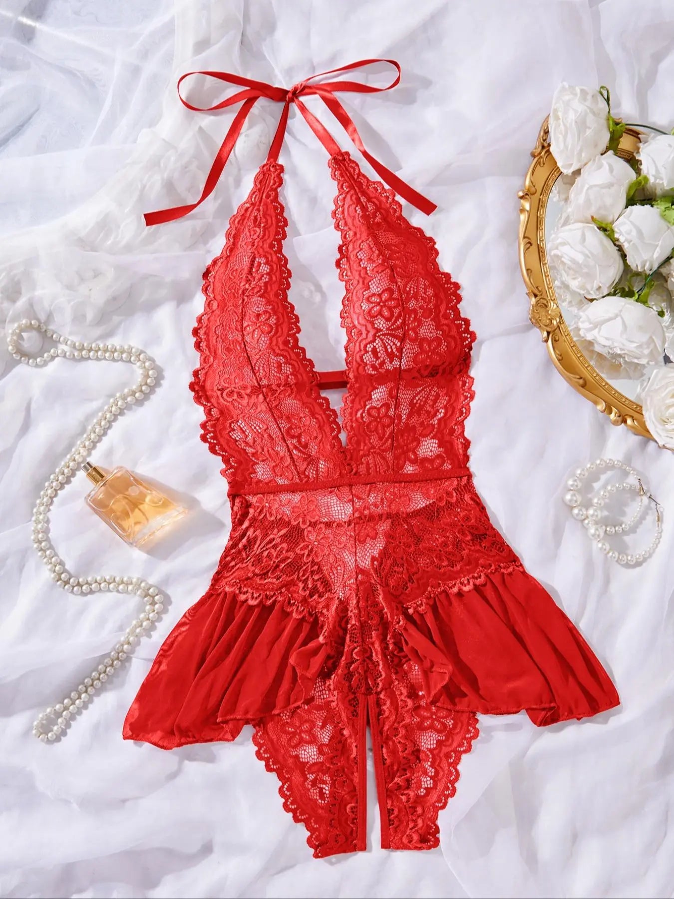Women'S Sexy Open Thigh Fitted Lingerie, Fashion Tie Details, Lace Decoration, Lightweight Fabric, Sleeveless, All Seasons, Romantic Gift