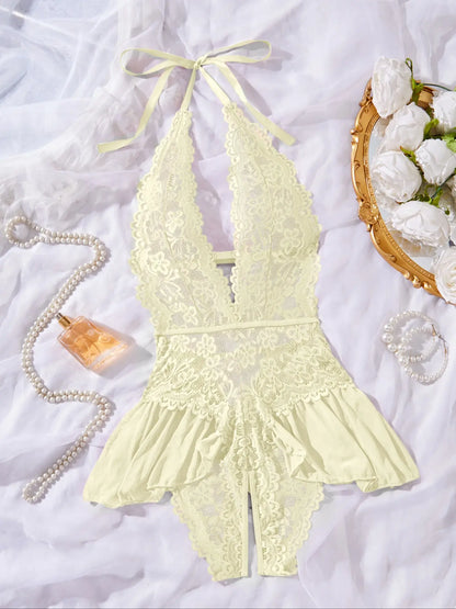 Women'S Sexy Open Thigh Fitted Lingerie, Fashion Tie Details, Lace Decoration, Lightweight Fabric, Sleeveless, All Seasons, Romantic Gift