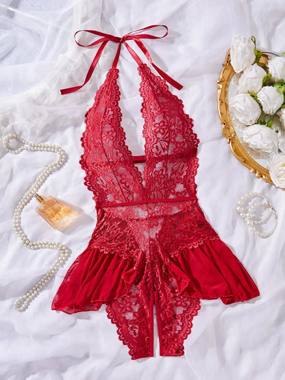 Women'S Sexy Open Thigh Fitted Lingerie, Fashion Tie Details, Lace Decoration, Lightweight Fabric, Sleeveless, All Seasons, Romantic Gift