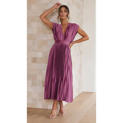 Summer V-neck Pleated Dress INS Fashion Casual Loose Zip Sleeveless Dresses For Women Clothing