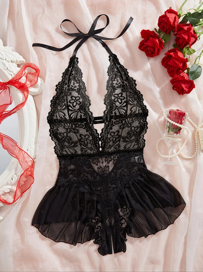 Women'S Sexy Open Thigh Fitted Lingerie, Fashion Tie Details, Lace Decoration, Lightweight Fabric, Sleeveless, All Seasons, Romantic Gift
