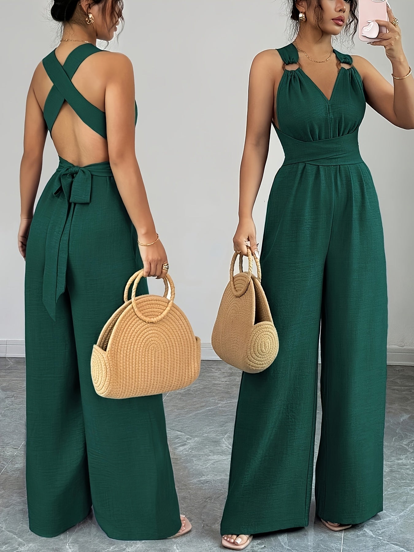 Elegant Women's V-Neck Jumpsuit with Belted Waist
