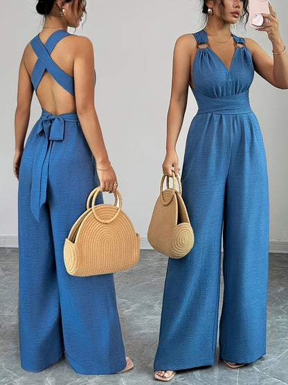 Elegant Women's V-Neck Jumpsuit with Belted Waist