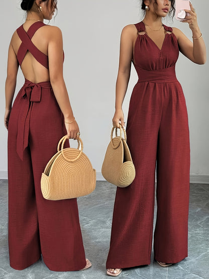 Elegant Women's V-Neck Jumpsuit with Belted Waist