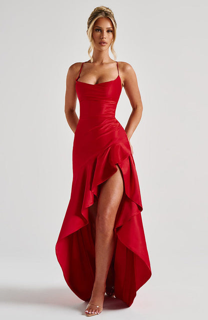 Women's Backless Ruffles Irregular Dress Summer Fashion Evening Party Club Split Suspender Maxi Dresses Clothing