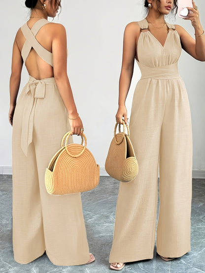 Elegant Women's V-Neck Jumpsuit with Belted Waist